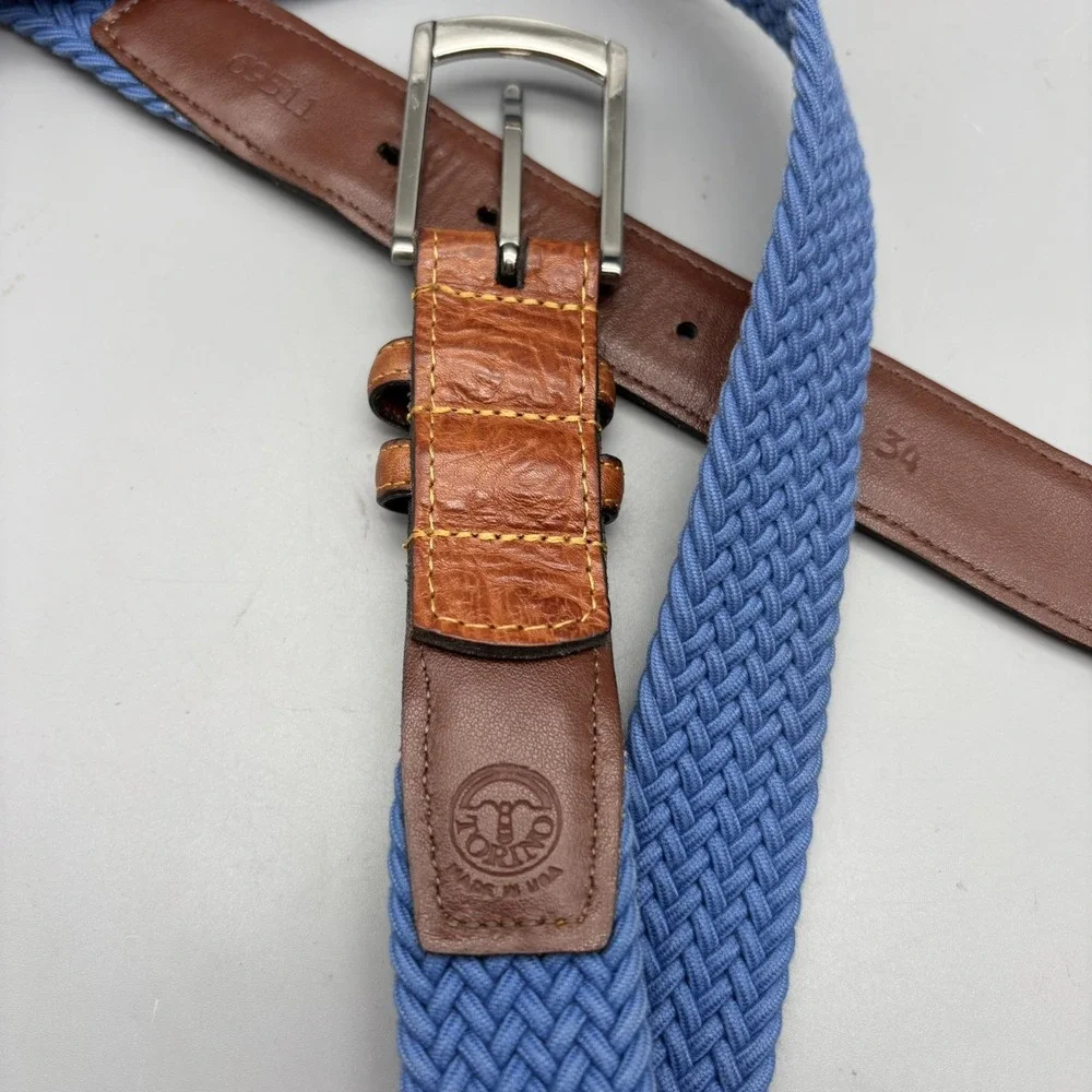 Torino Woven Belt Size 34 Blue Stretch Braid Woven Buckle And Leather USA
